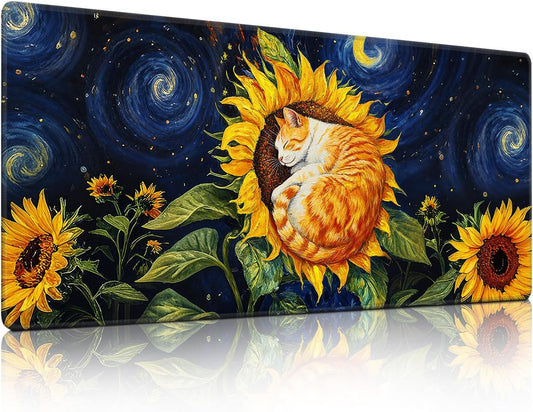 Sunflower Cat Gaming Mouse Pad, Starry Sky Cute Orange Cat Mousepad - Large Non-Slip Desk Mat for Office, PC, Laptop - 35.5"x15.7" x 3mm