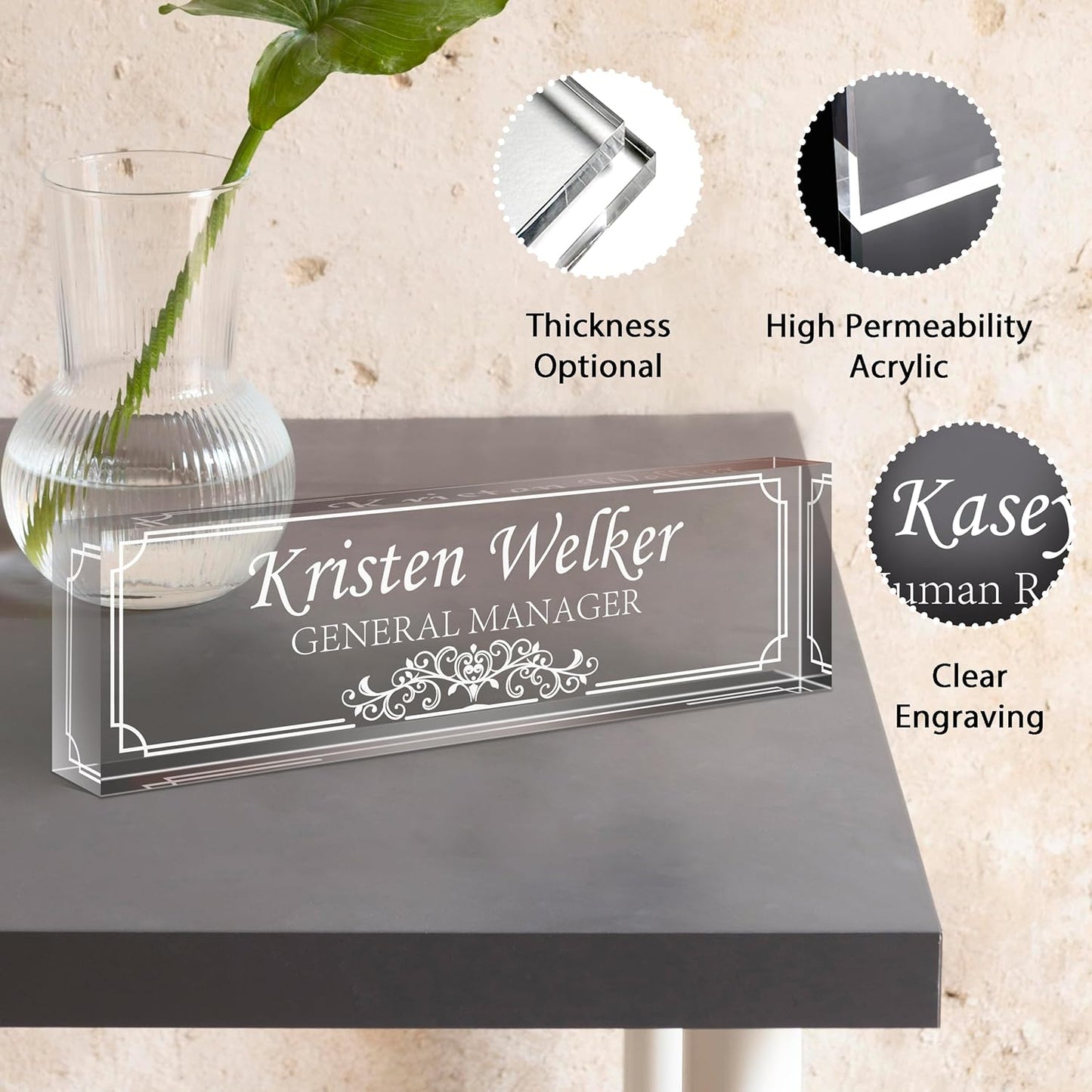 Gowellly Desk Name Plate Personalized - Custom Acrylic Name Plate for Desk - Enterprise Custom Logo/Text nameplates - Employee Appreciation Gifts (engrave-7)