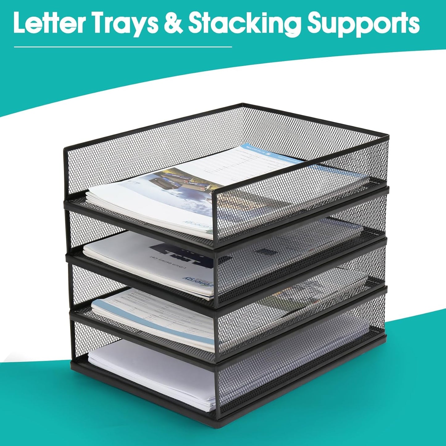 Wire Mesh Letter Trays Paper Tray Desk File Organizer, 2 Pack Stackable Metal Front-Load Documents Tray for Office Supplies File (Lengthways)