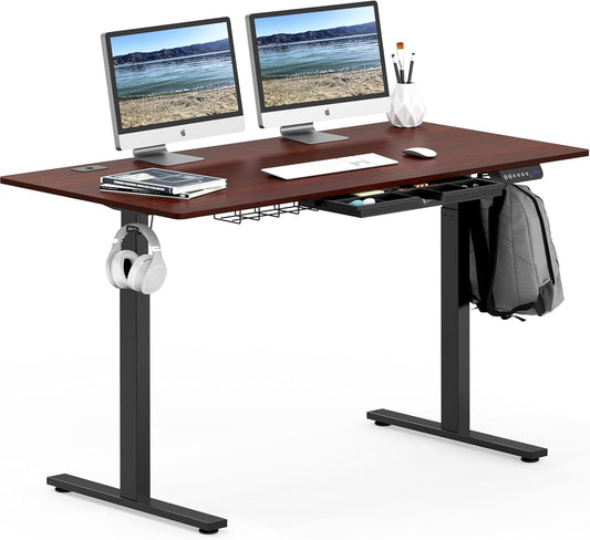 SHW 55 x 28 Inches Electric Height Adjustable Standing Desk with Drawer and Memory Preset, Cherry