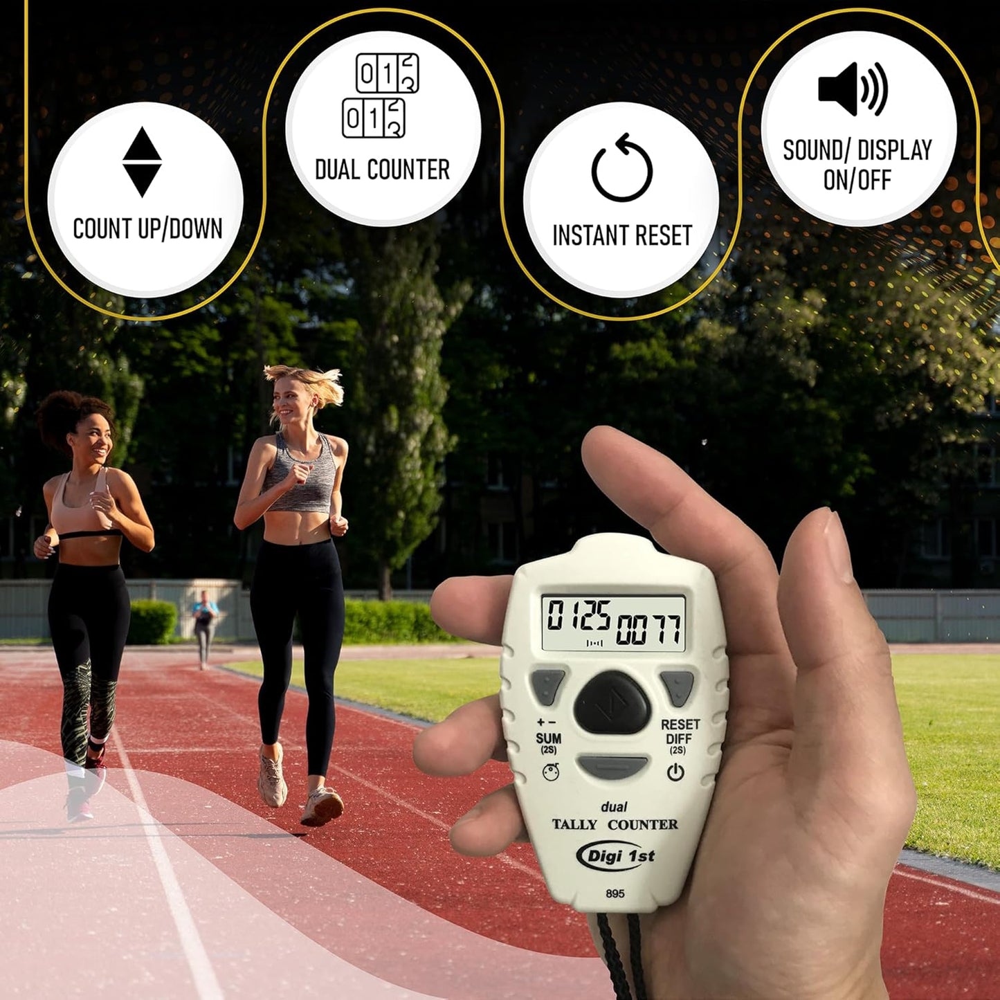 TC-895 Digital Dual Tally Counter, Electronic Up Down Clicker Counter, Add/Subtract People Counter, Handheld Pitch Counter for Golf, Lap & Sports Games