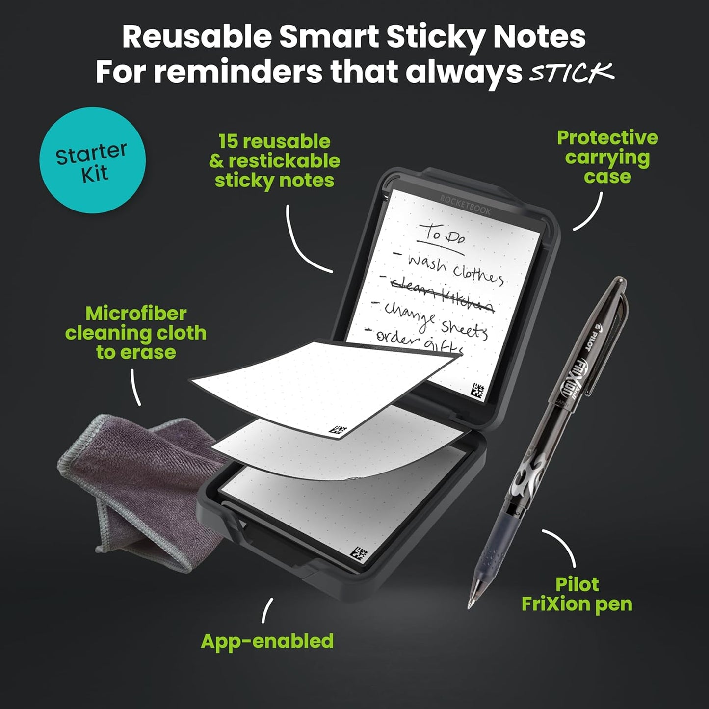 Rocketbook Reusable Sticky Notes Starter Pack with Storage Case, Pen, and Towel, 3"x3", 15 Black Notes - Dotted Paper, App-Connected, Erasable, Reusable Adhesive, Ideal for To-Do Lists