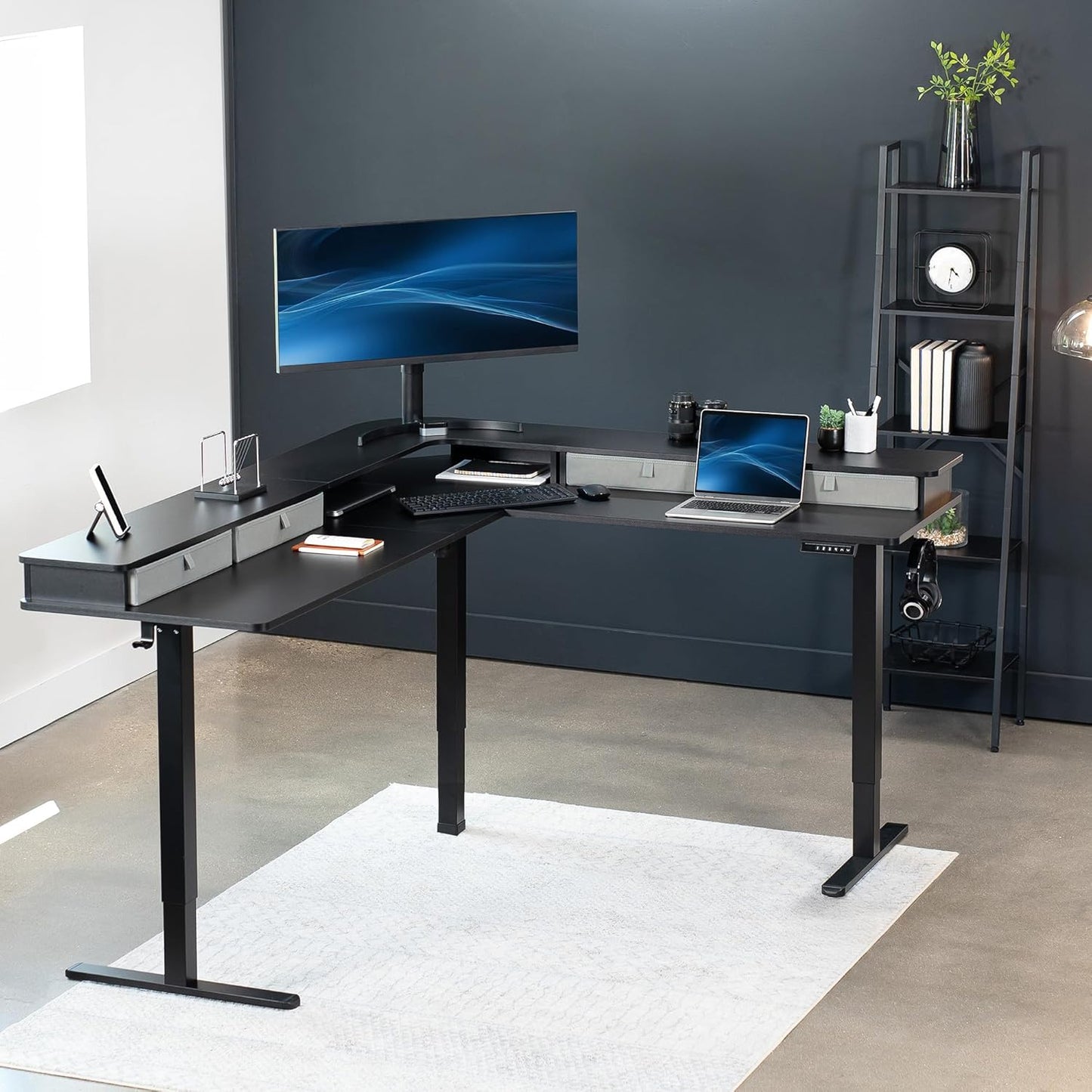 VIVO Electric Mobile Corner 75 x 63 inch 2 Tier Stand Up L-Shaped Desk, Height Adjustable, Memory Controller, Storage Drawers, Black Top Black Frame, DESK-E3CVB-75