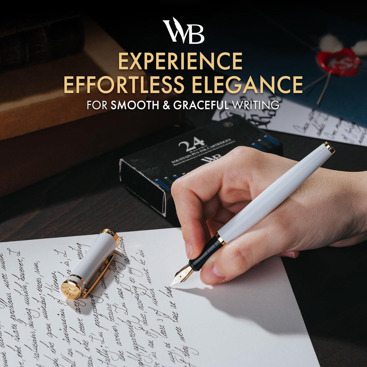 Wordsworth & Black Fountain Pen Set, 18K Gilded Medium Nib, Includes 24 Pack Ink Cartridges, Ink Refill Converter & Gift Box, Gold Finish, Calligraphy, [White Gold], Perfect for Men & Women