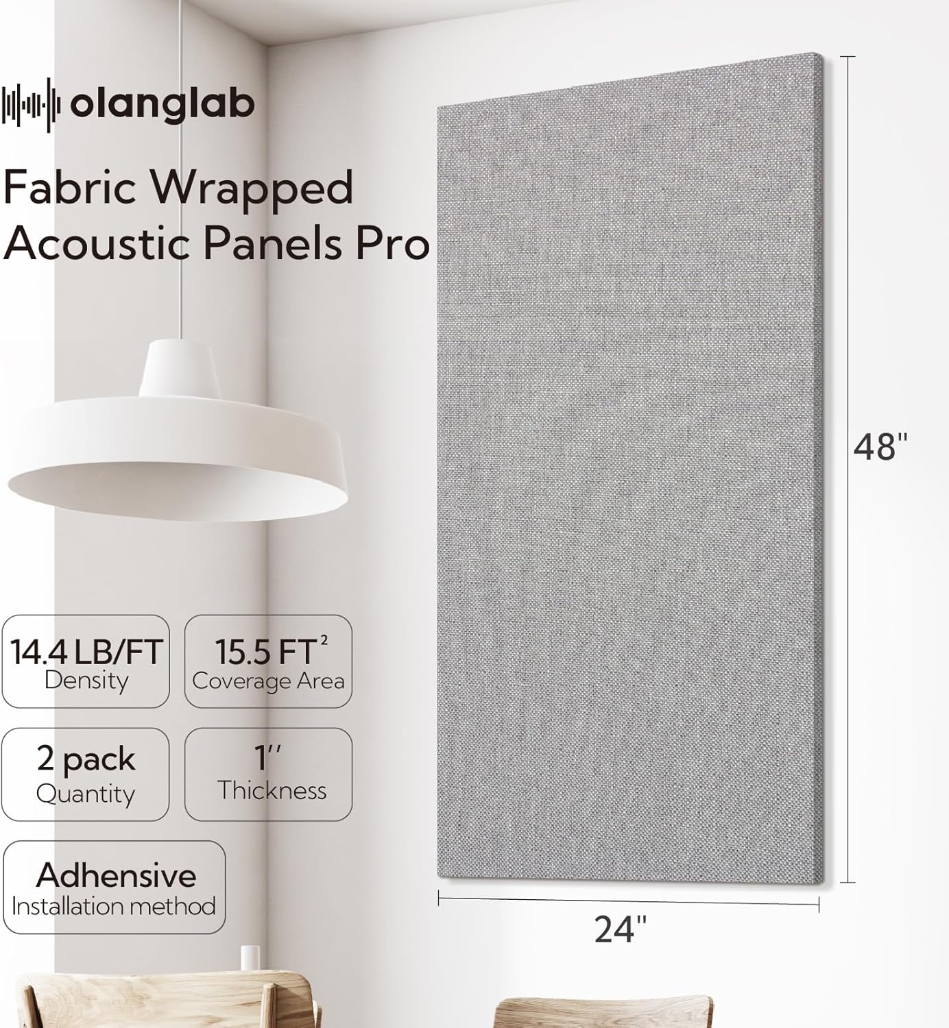 Olanglab Acoustic Panels 2 Pack, 48''x24'' Large Sound Panels, Fabric Wrapped Sound Proof Foam Panels for Walls, Sound Absorbing Panels for Recording Studio Acoustical Treatments (Light Gray)