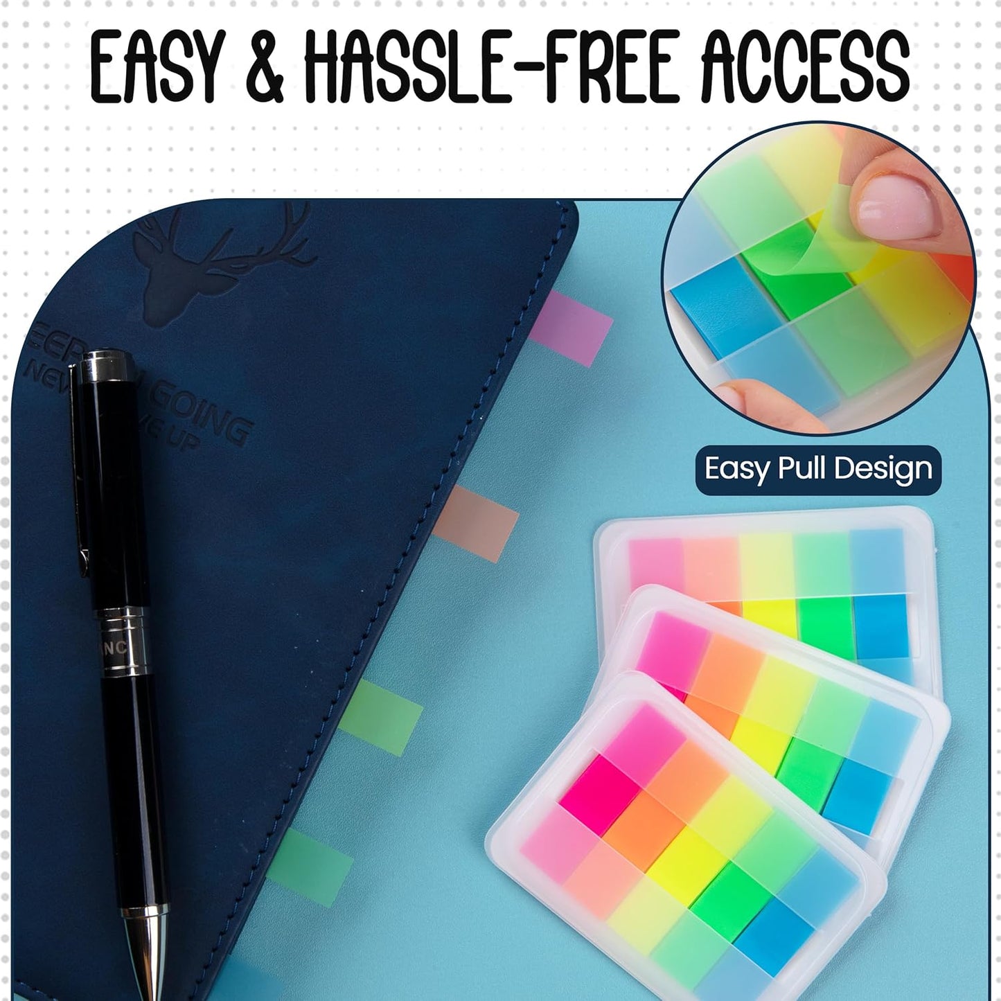 Essex Wares - 300 Pieces - Transparent Sticky Notes Tabs with Case - 5 Bright Colors - 3 Cases - 1.8" x 0.4" - 60 Pieces Each Color - Pop Up Index Tabs - Book Flags for Annotating - Book Sticky Tabs