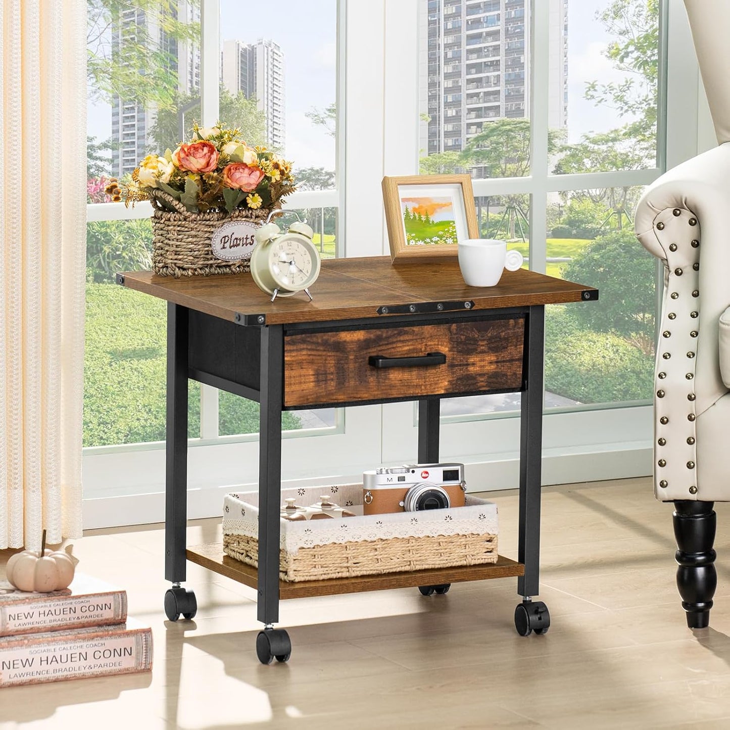 Lerliuo Under Desk Rolling Printer Stand with Drawer, 2-Tier Industrial Mobile Printer Table Desk with Storage Shelf and Steel Frame, Printer Cart Holder with Lockable Wheels for Home, Office (Brown)