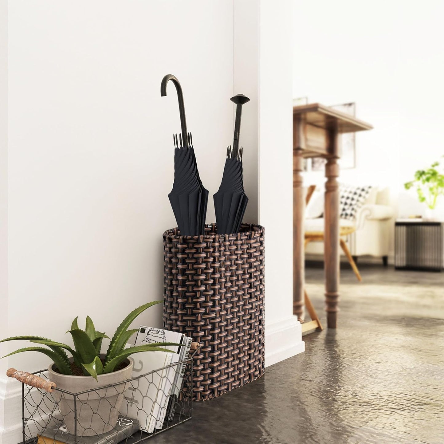 PEMAR Wicker Umbrella Holder Indoor Outdoor, Decorative Hand Woven Umbrella Stand Rack for Home, Entryway Rustic Farmhouse Multipurpose Narrow Tall Basket (Brown)