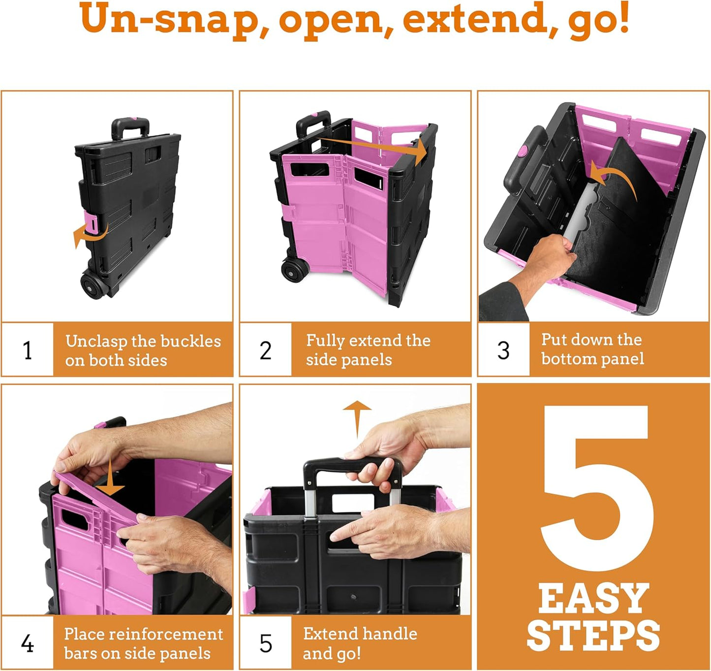 Inspired Living Ultra-Slim Rolling Collapsible Storage Pack-N-Roll Utility-carts, with Telescopic Handle, for Home, Garden, Shopping, Office, School use, Medium, Pink & Black