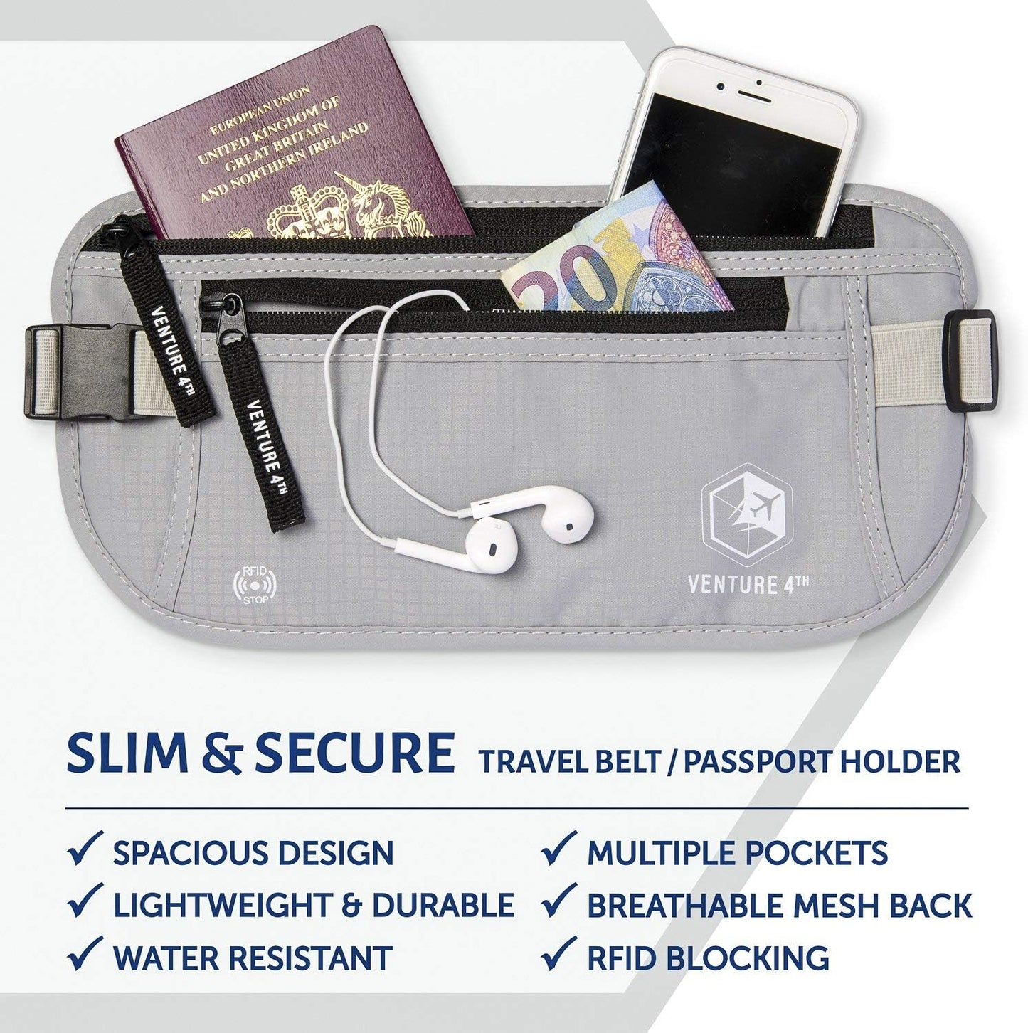 VENTURE 4TH Travel Money Belt - Slim Passport Holder RFID Blocking Travel Pouch to Protect Cash, Credit Cards and Travel Documents (Silver)