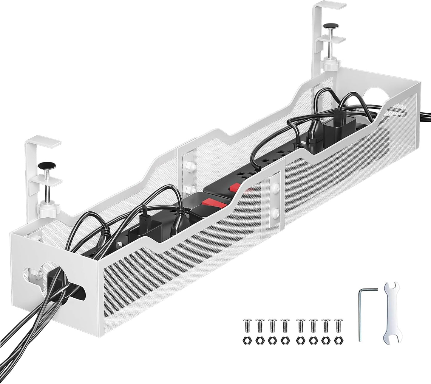 Under Desk Cable Management Tray 24.8", Quszmd Cable Organizer No Drill, Standing Cord Organizer and Wire Management Tray - No Damage to Desk, White