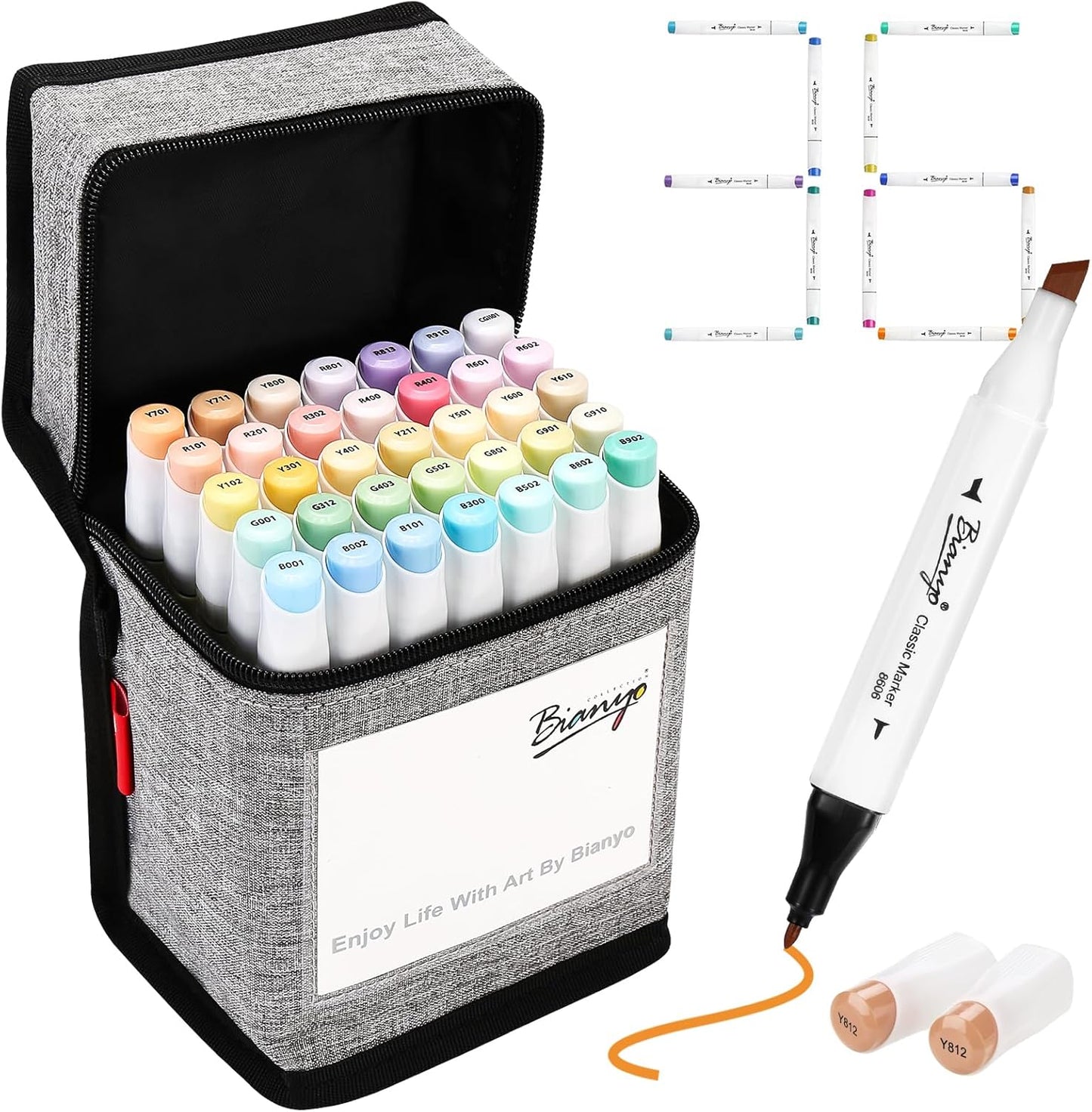 Bianyo 36 Pastel Colors Alcohol Markers Set, Alcohol-Based Dual Tip Art Markers Set with Black Travel Case with a Designable Card for Coloring, Sketching, Drawing, Outlining, Highlighting