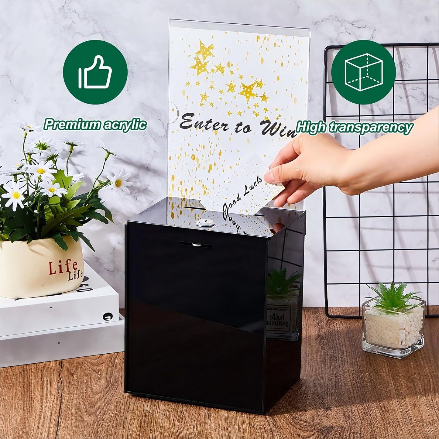 Teling Tall Acrylic Donation Box with Lock and Sign Plate Safe Suggestion Box with 100pcs Raffle Tickets Cards for Raffle, Money, Voting, Charity, Suggestion (Black)