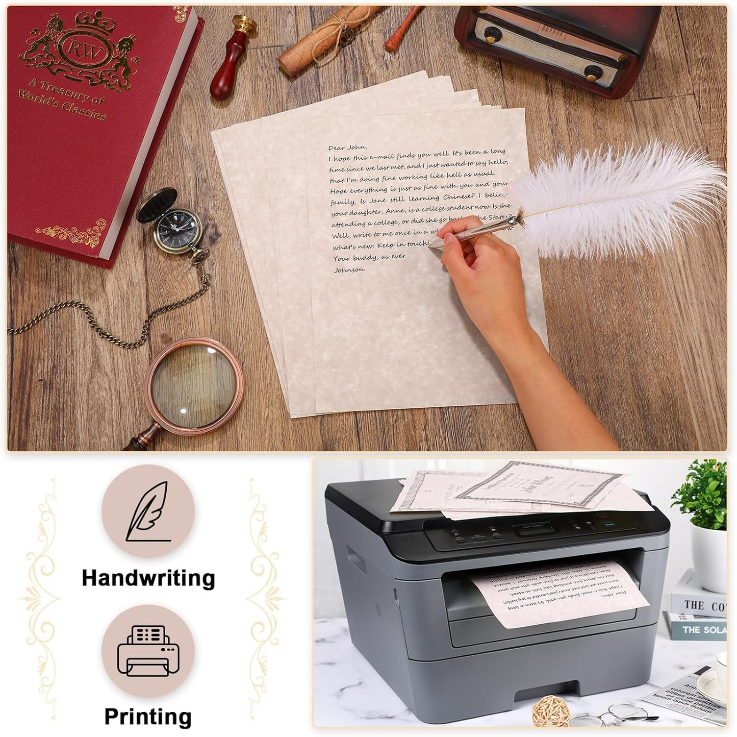 Epakh 150 Pcs Old Age Parchment Paper 8.5 x 11 Inch Standard Letter Vintage Colored Old Parchment Semblance Double Side Printing Paper (Dark Beige)