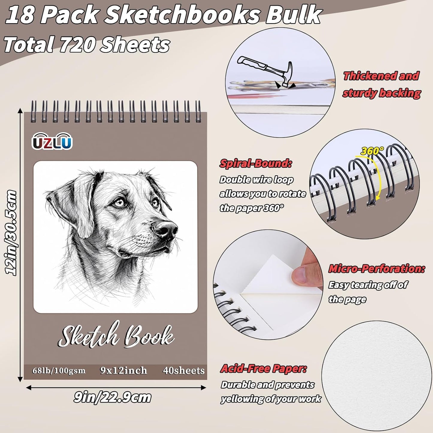 18 Pcs Sketch Book Bulk 9 x 12 In,720 Sheets Total Drawing Paper Pad Top Spiral Bound Sketch Pad Mixed Media Sketchbook 68lb/100gsm Thick Paper Acid Free Art Supplies for Kid Adult Painting Beginner Artist