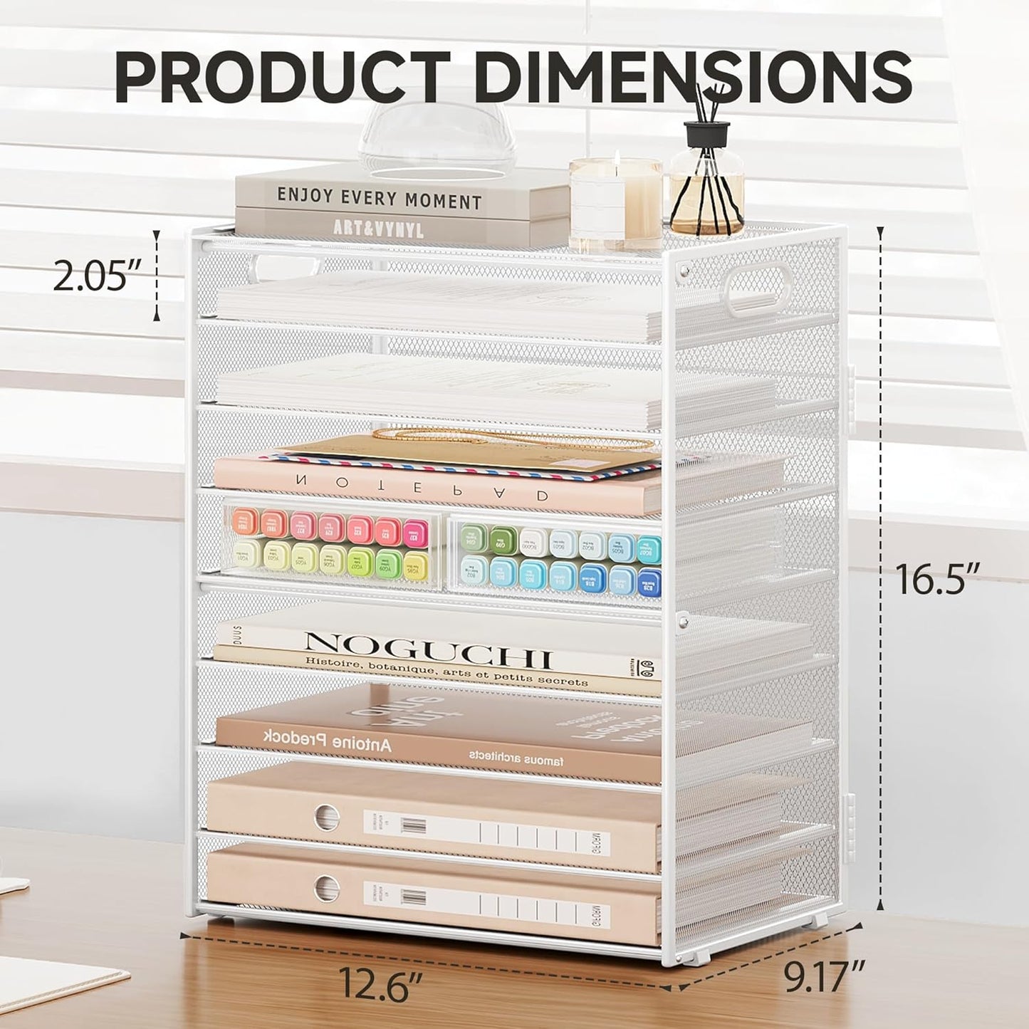 SUBEKYU 9 Tier Paper Letter Tray Desk Organizer with Handles - White Metal Mesh File Holder Paper Sorter Desk Organizer for Office Home School, Include 6 Pcs Adjustable Slid Tray, 6 Colors Available