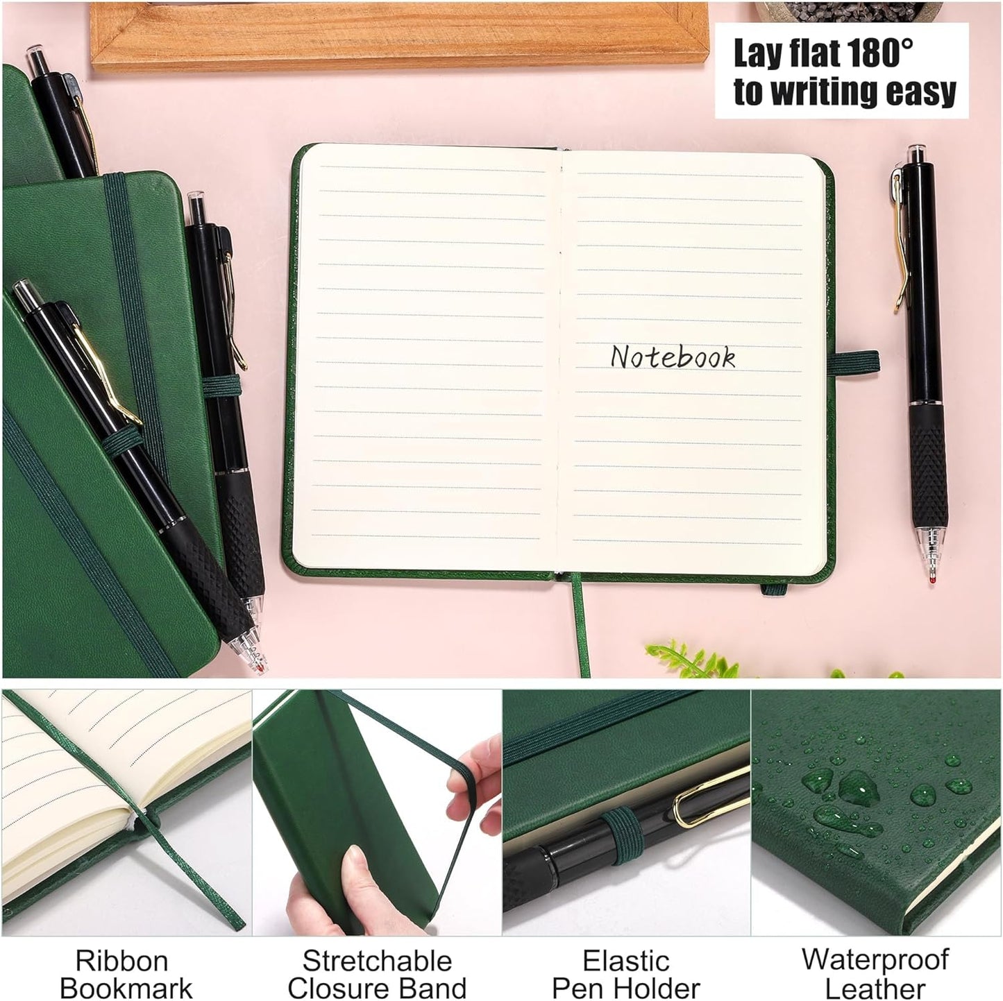 Aodaer 50 Sets Pocket Notebook Journal with Pens, 160 Pages, 3.5 x 5.5 Inch Mini Lined Journal Notebook A6 Leather Hardcover College Ruled Notepad with Pen Holder for School Office Gifts, Dark Green