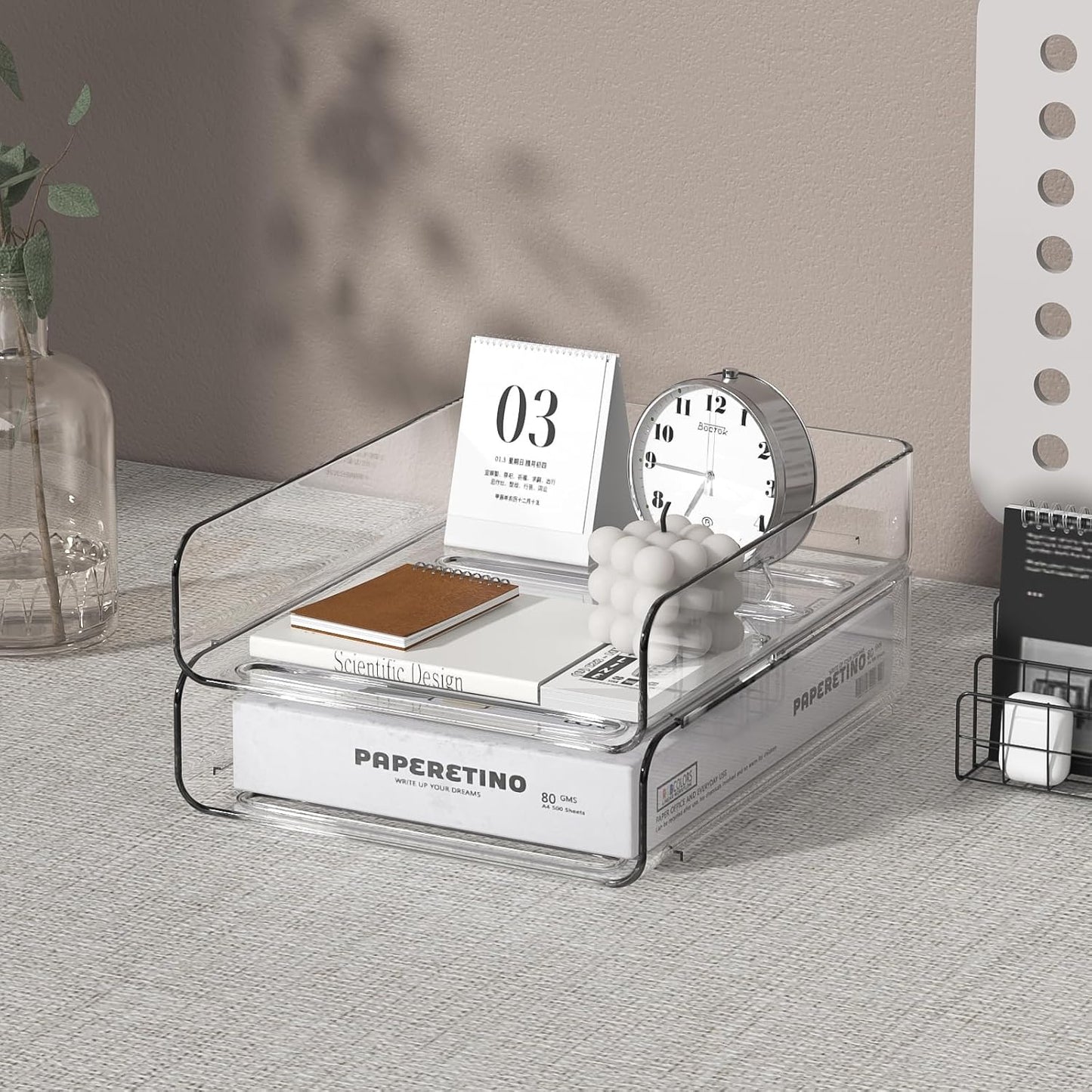 2-Tier Acrylic Paper Tray Organizer - Low-Profile Desk File Sorter for Office/Home, Clear Stackable Letter Tray for Bills, Crafts, Notebooks