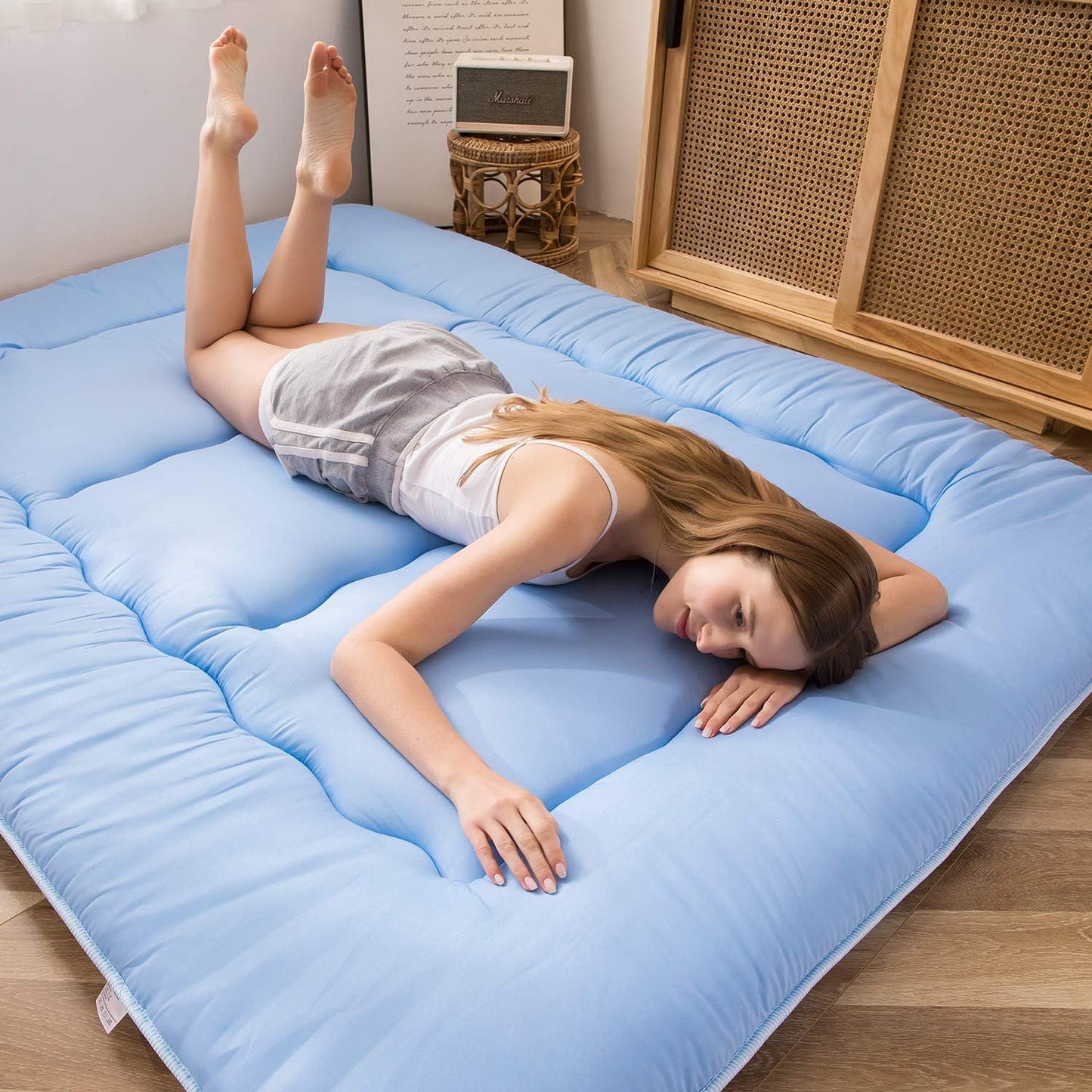 MAXYOYO Japanese Floor Mattress Futon Mattress, Thicken Sleeping Pad Roll Up Mattress Mattress Pad Foldable Floor Lounger Bed Boys Girls Dormitory Mattress Pad, Dusty Blue, Twin Size
