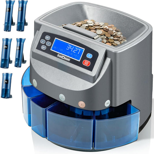 Coin Counter Machine, Electric Coin Sorter Sort 270 Coins/Minute, USD Change Counter Machine,500 Coins Capacity Automatic Coin Sorter and Wrapper Machine, Coin Counting Roller Machine with LCD Display