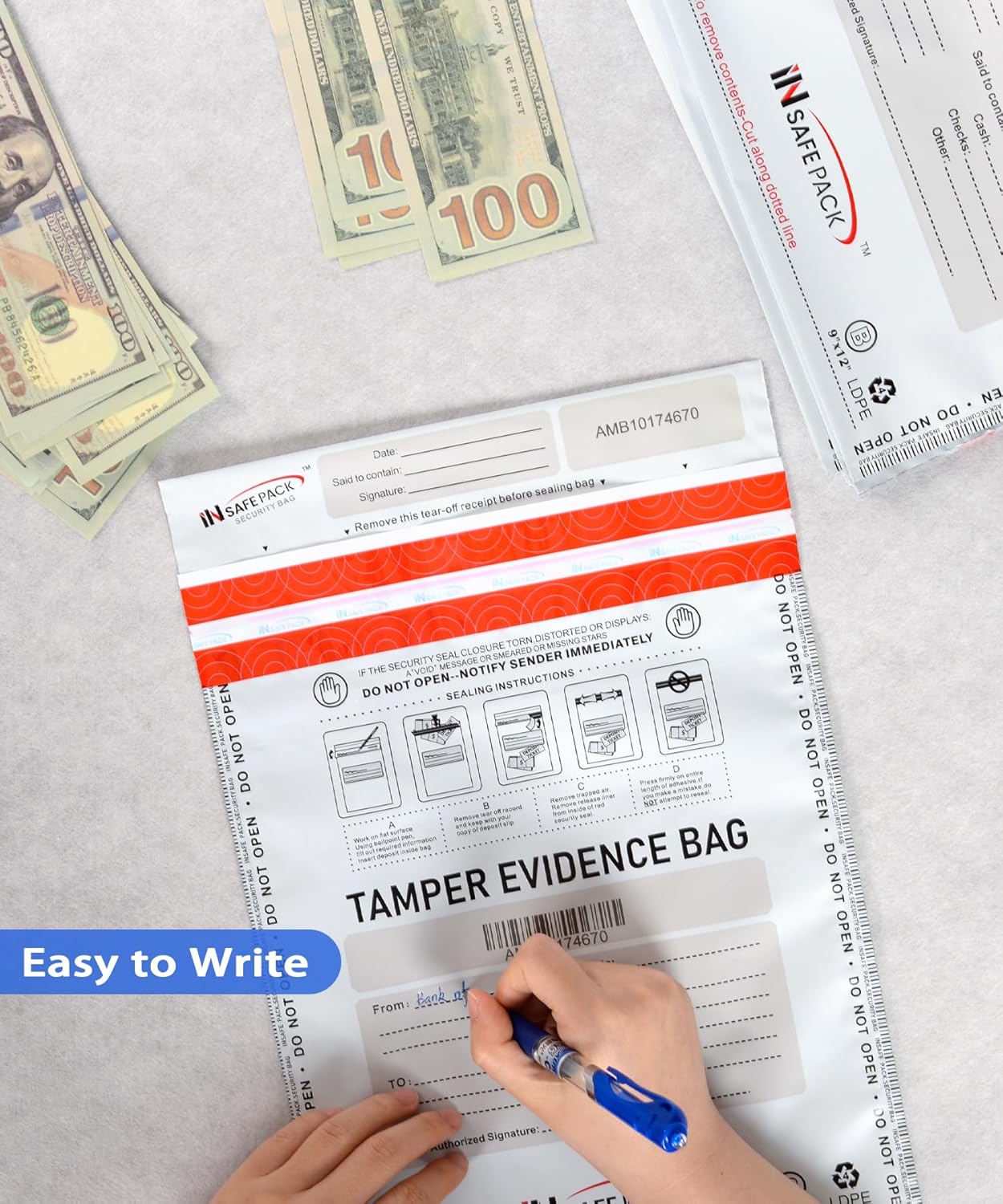 INSAFEPACK 100PCS 9"x12" Business Bank Deposit Bags - High Level Security Tamper Evident Bag - Self Adhesion Plastic Security Deposit Bag