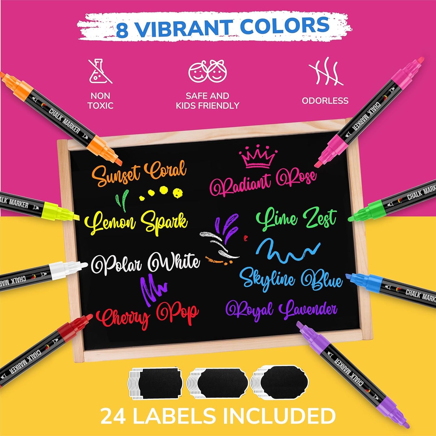 Zenacolor Liquid Chalk Markers - Dual Tips, 8 Vibrant Colors, Non-Toxic, Quick-Drying, Erasable for Blackboard, Windows, Glass, Cars - 24 Labels Included
