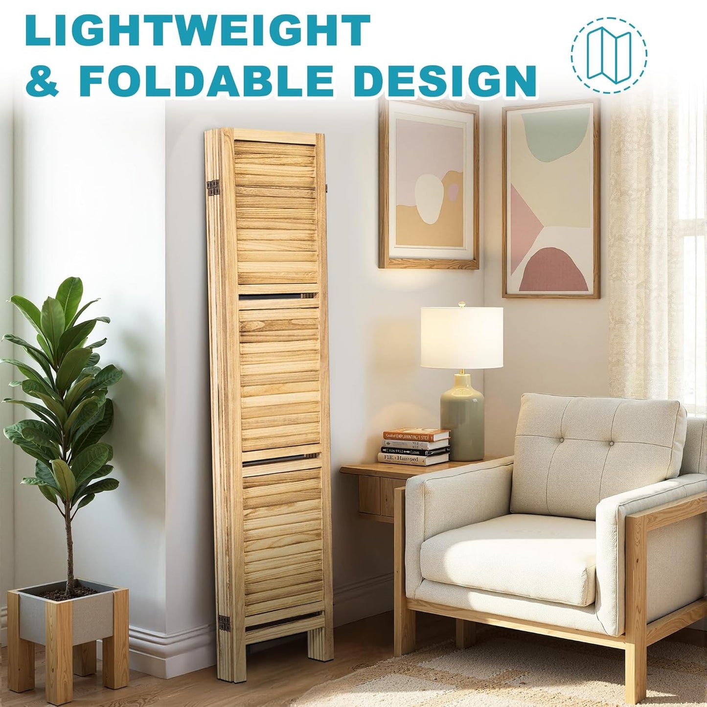 4 Panel Room Divider with Shelves, 5.6FT Folding Room Divider Screen, Free Assembled Freestanding Partition for Home Office Bedroom, Wood