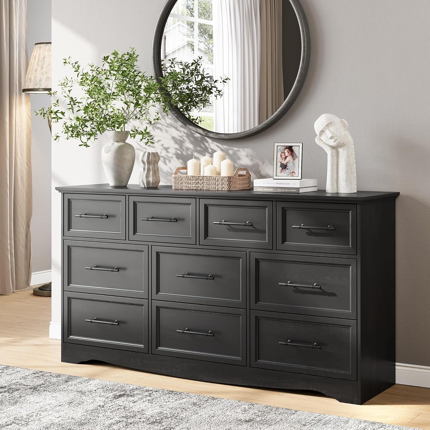 Black Farmhouse Dresser for Bedroom, 10 Chest of Drawers, 59" Wide Chest of Drawers with Brushed Metal Handle, Wood Closet Organizers and Storage Cabinet for Bedroom, Living Room, Hallway