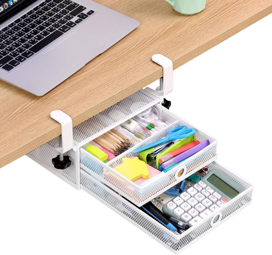 2-Tier Clamp-On Mesh Organizer, Under Desk Storage with Slide-Out Tray, No Drilling Tool-Free Installation, Durable Rust-Resistant Metal, Large-Capacity Organizer.