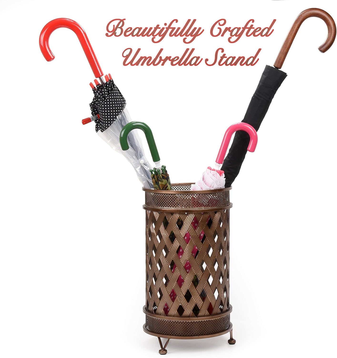 Dualplex Super Quality Umbrella Stand, Umbrella Holder, Antique Look Metal Entry Hallway Décor, Round Style w/Removable Drip Tray. Home Office Decoration Rack Holds Umbrellas Canes Walking Sticks