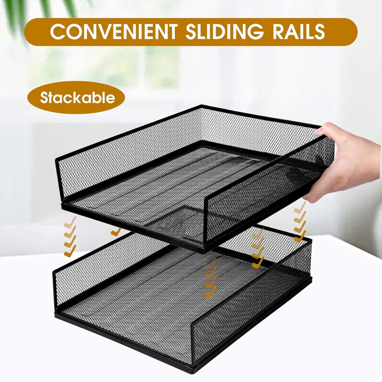 Magazine File Holder, 2 Pack Desk Organizer and Accessories, Metal Paper Tray Office Document Organizer Wire Mesh Letter Trays Stackable Desk File Storage Basket, Black