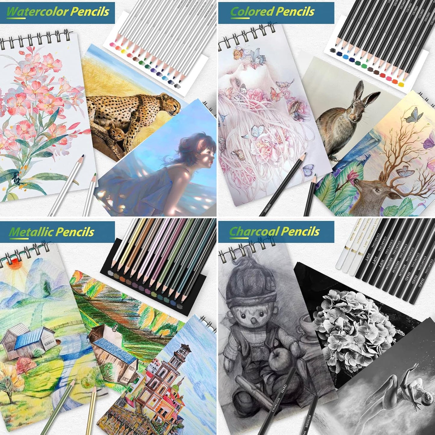 Vnzil 72 Pack Drawing Set Sketching Kit, Art Supplies for Artists, Beginners, Adults, Teens, Premium Art Kit with 50 Sheets Sketch Book, Colored, Watercolor, Metallic, Graphite, Charcoal Pencils