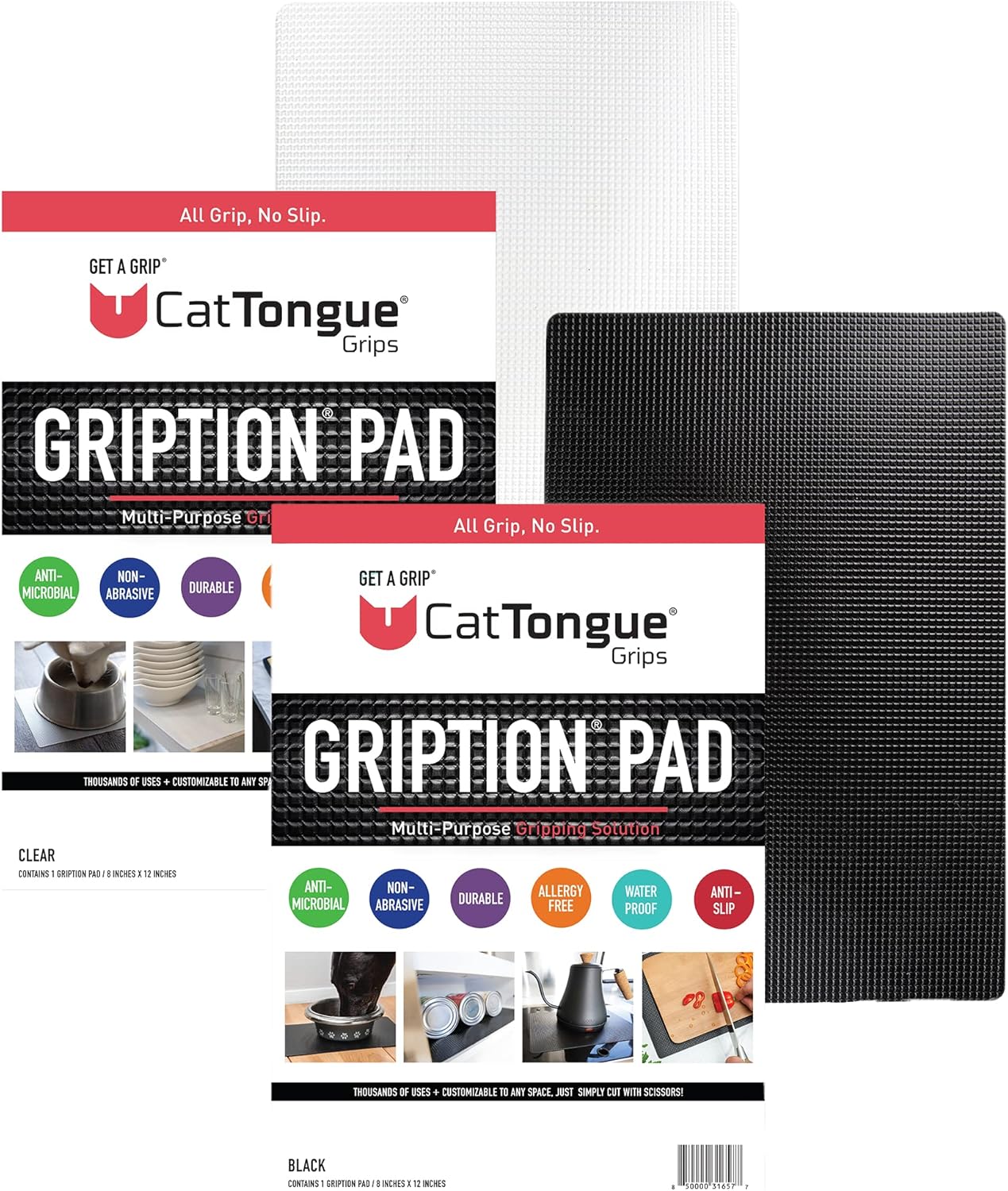 CATTONGUE GRIPS Non-Adhesive Anti-Slip Mat - Multi-Purpose Non-Slip Pad for Countertops, Desks, Tables & Workspaces - Ideal Desk Mat, Drawer Liner, Laptop Pad & More (Black & Clear, 8” x 12”)
