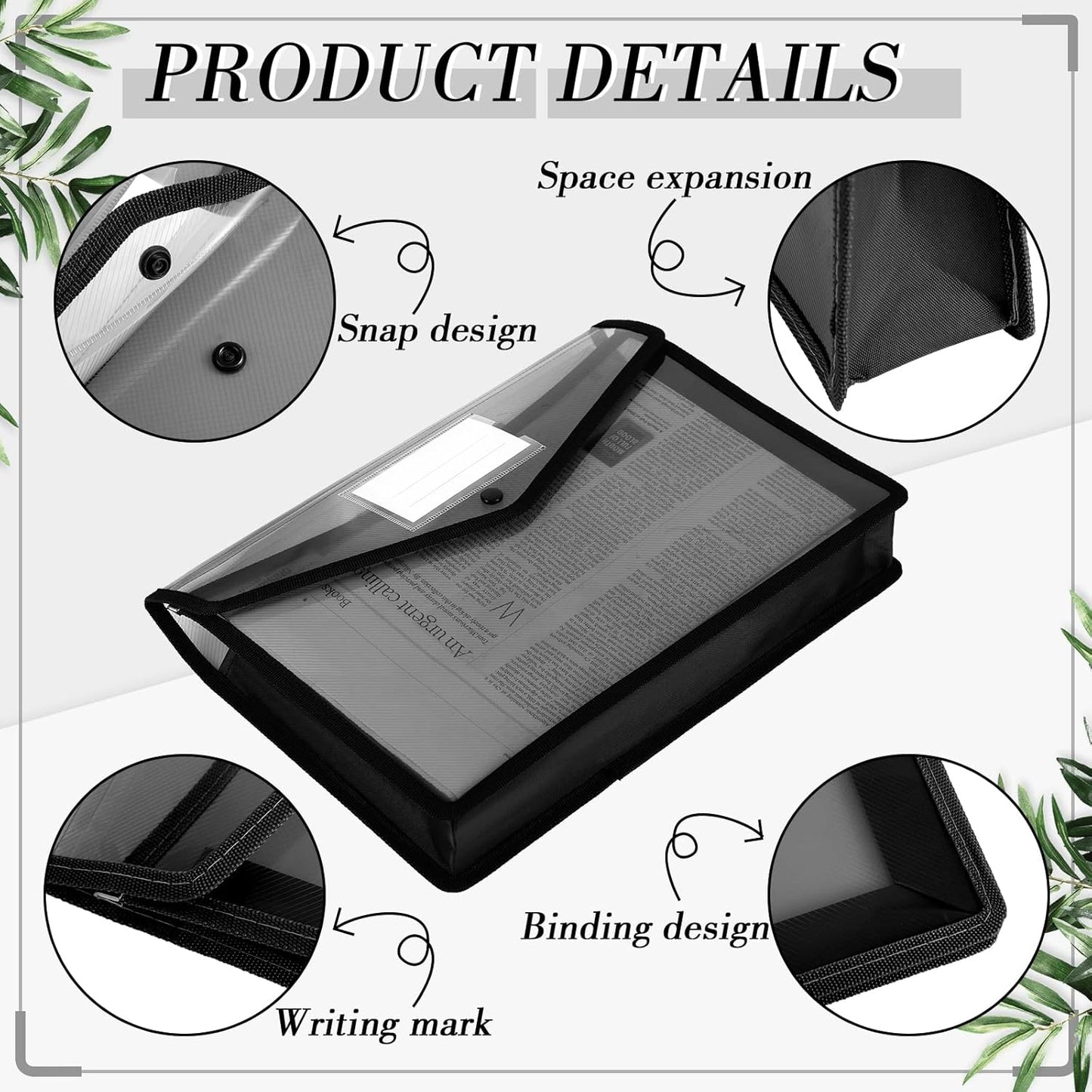 Teling 15 Pieces Plastic File Folders Envelope Expanding File Wallet Document Folder A4 Colorful Document Organizer with Button Closure and Pocket Waterproof File Pouch for Home Work (Black)