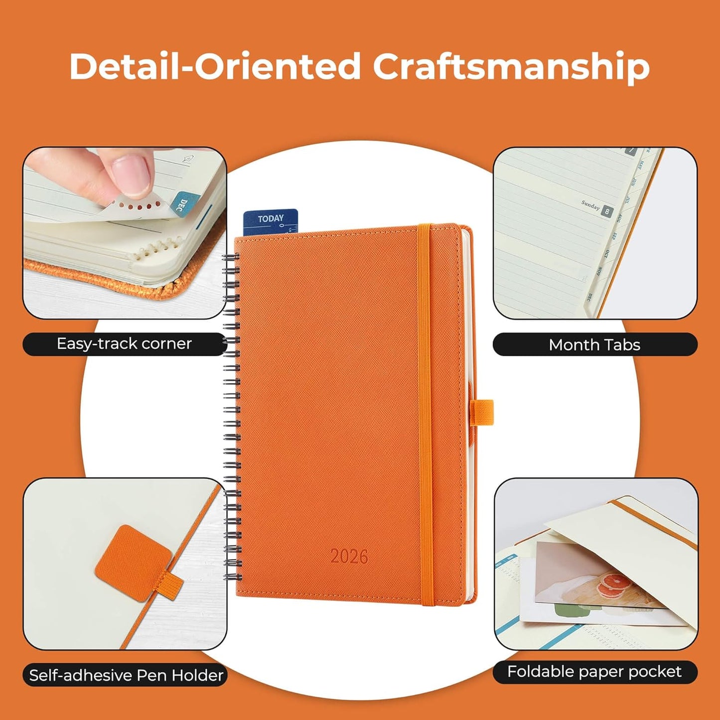Planner 2026 Daily Weekly and Monthly,8.5"x6.5",12 Months Spiral Bound Calendar Agenda with Self-adhesive Pen Holder,2026 Appointment Book with Vegan Leather Soft Cover,Orange