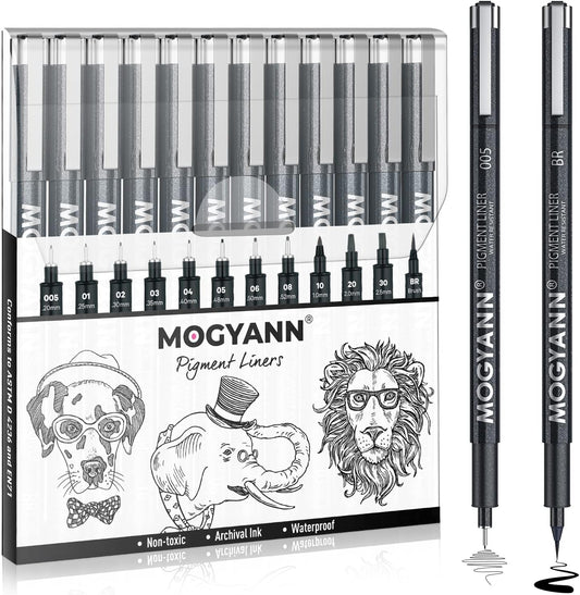 Mogyann Drawing Pens Black Art Pens for Drawing 12 Size Waterproof Ink Pens for Artists Sketching, Manga, Writing