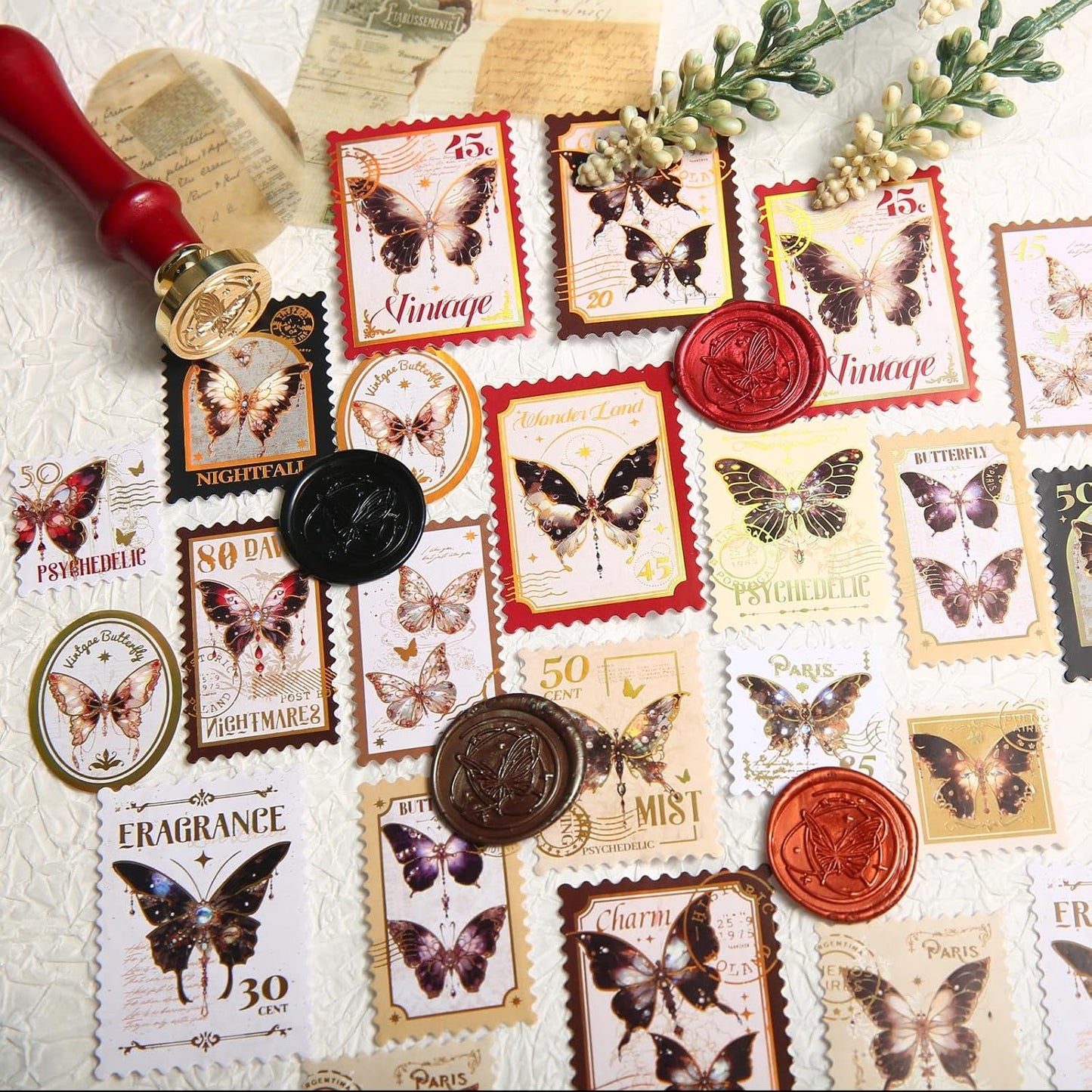 Wax Seal Kit with Gift Box, 630 Pcs 24 Color Sealing Beads, Butterfly Stamp, Sealing Wax Warmer, Envelopes, Adhesive Stickers for Gift and Decoration (Classical Butterfly)