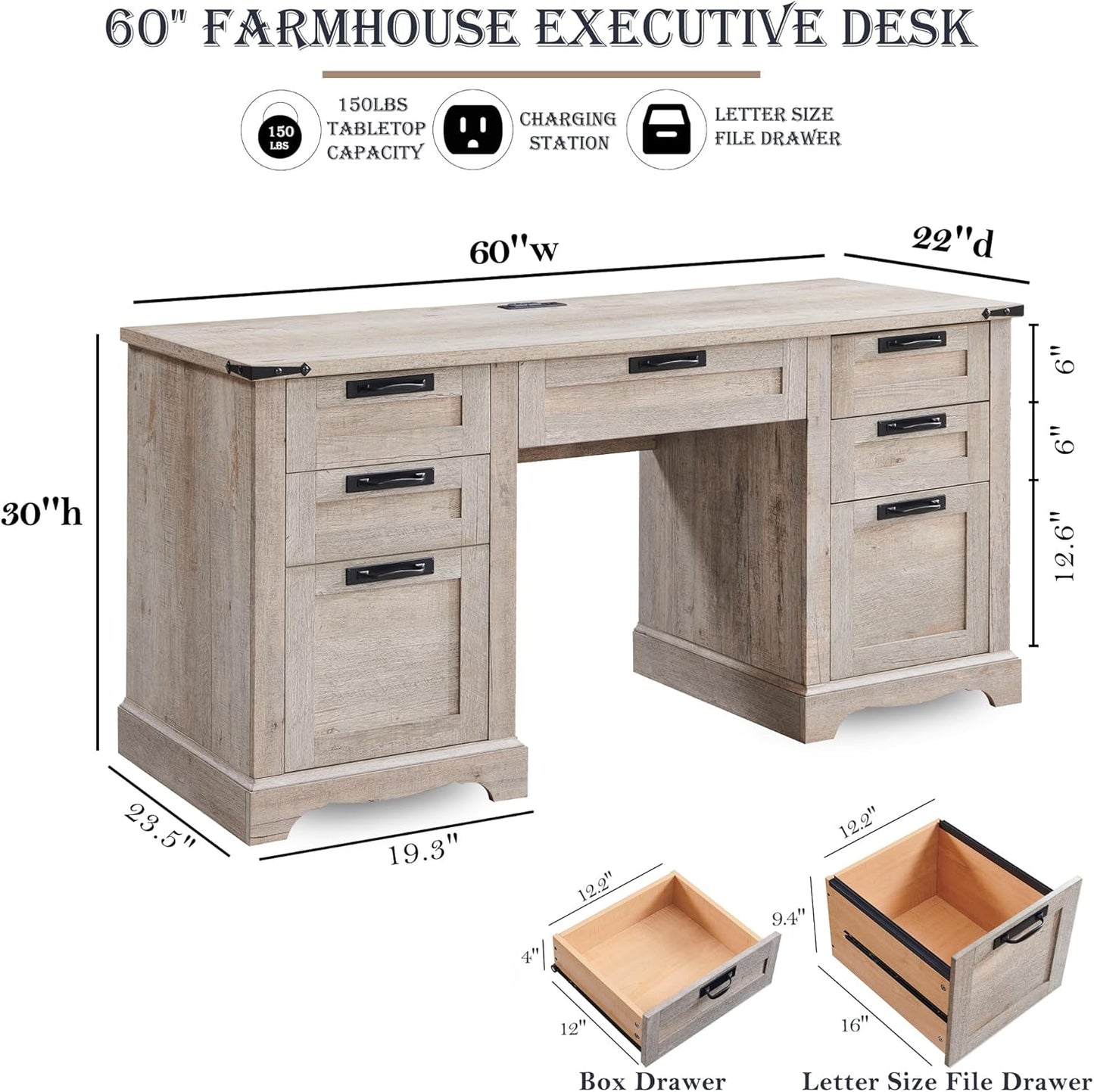 RedLemon 60" Farmhouse Executive Desk with Drawers, Wood Home Office Desk w/Charging Station, Keyboard Tray, File Drawer, Storage Cabinet, Rustic Computer Writing Desk (Light Rustic Oak)