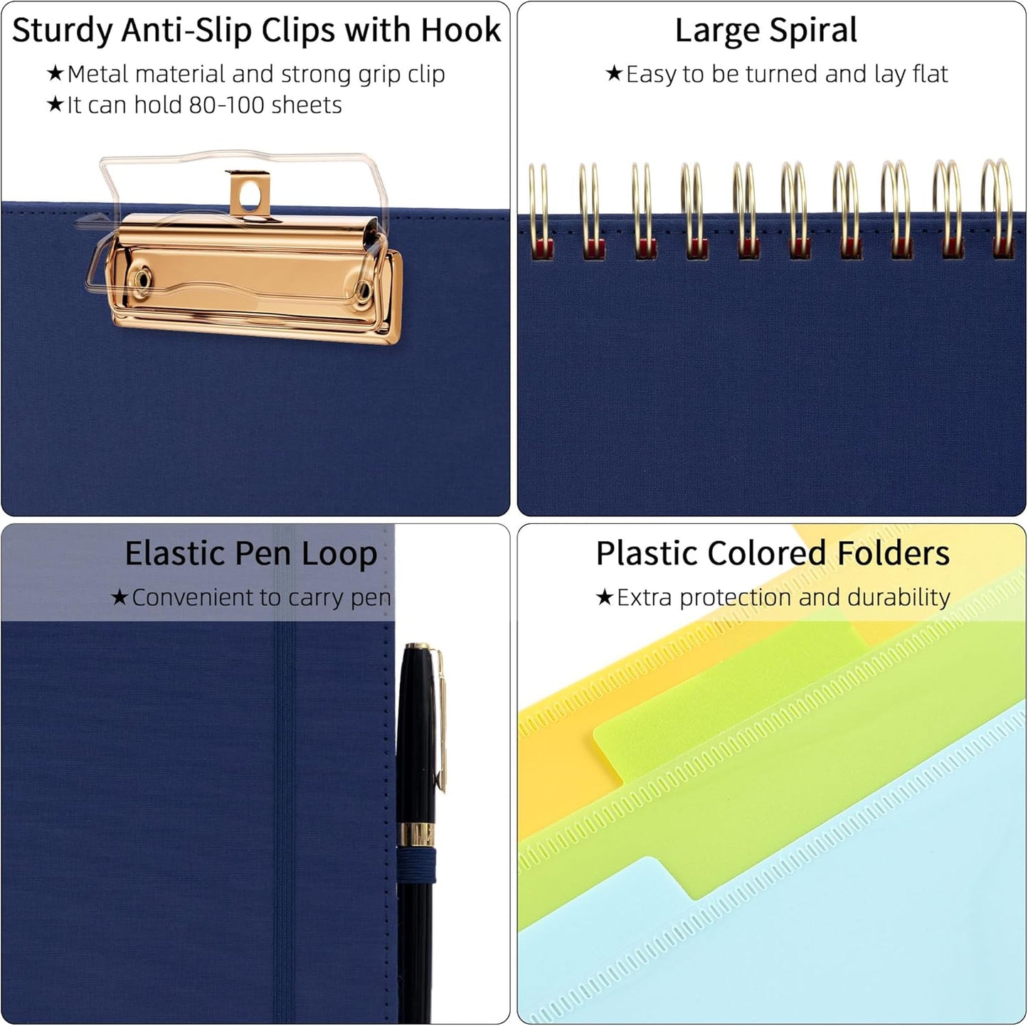 Ospelelf Bule Foldable Spiral Clipboard Folio with Storage Zipper Pouch, 5 Plastic Folders with 10 Pockets, Refillable Lined Notepad (11" x 8.5"), Linen Hardcover Project Organizer