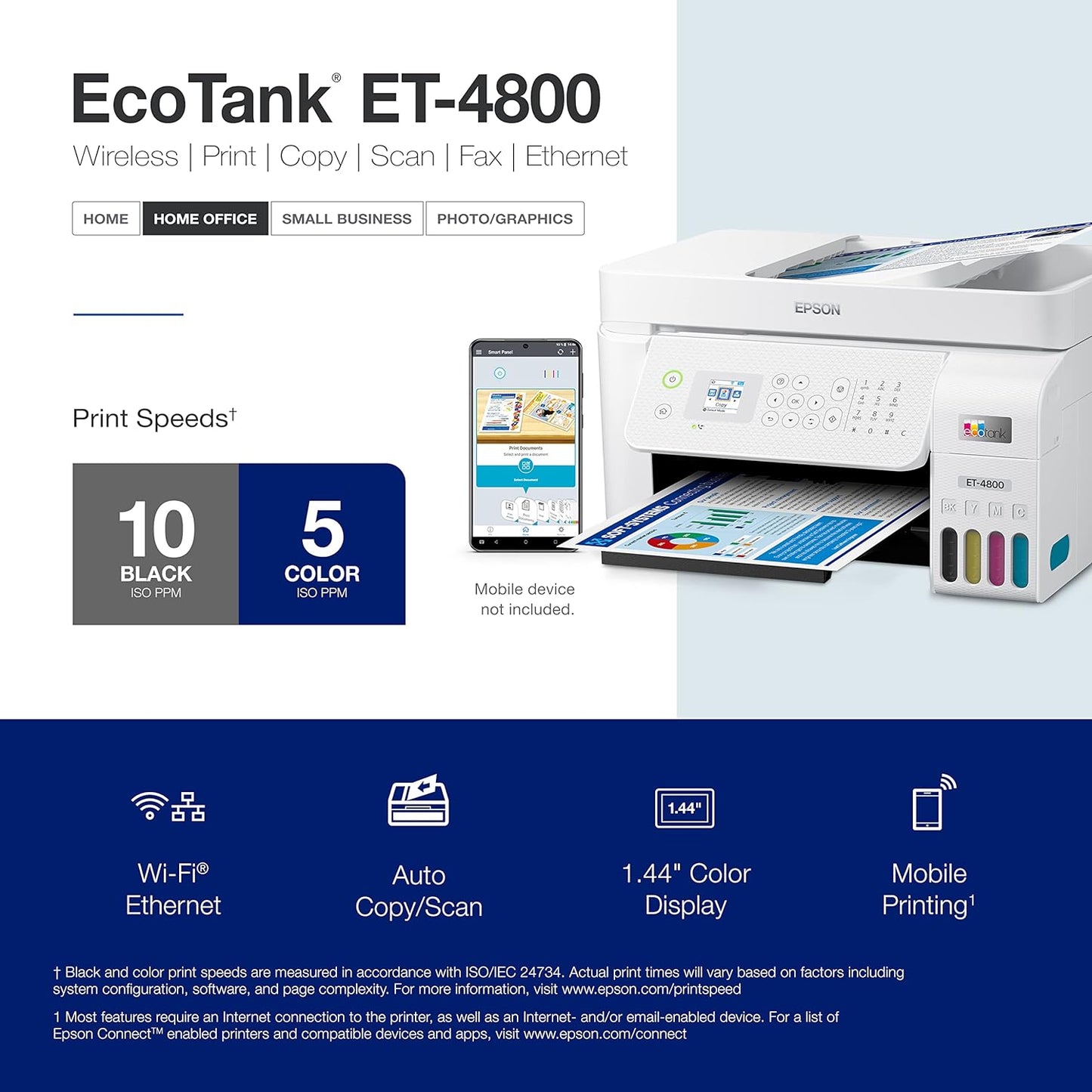 Epson EcoTank ET-4800 Wireless All-in-One Cartridge-Free Supertank Printer with Scanner, Copier, Fax, ADF and Ethernet – Ideal-for Your Home Office, White