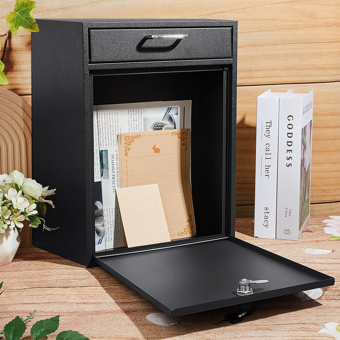 Locking Mailbox with Key for Outdoor 18 x 15 x 7 Inches Large Wall Mount Mail Box with Lock Security Mail Drop Metal Collection Boxes Hanging Secure Postbox(Black)