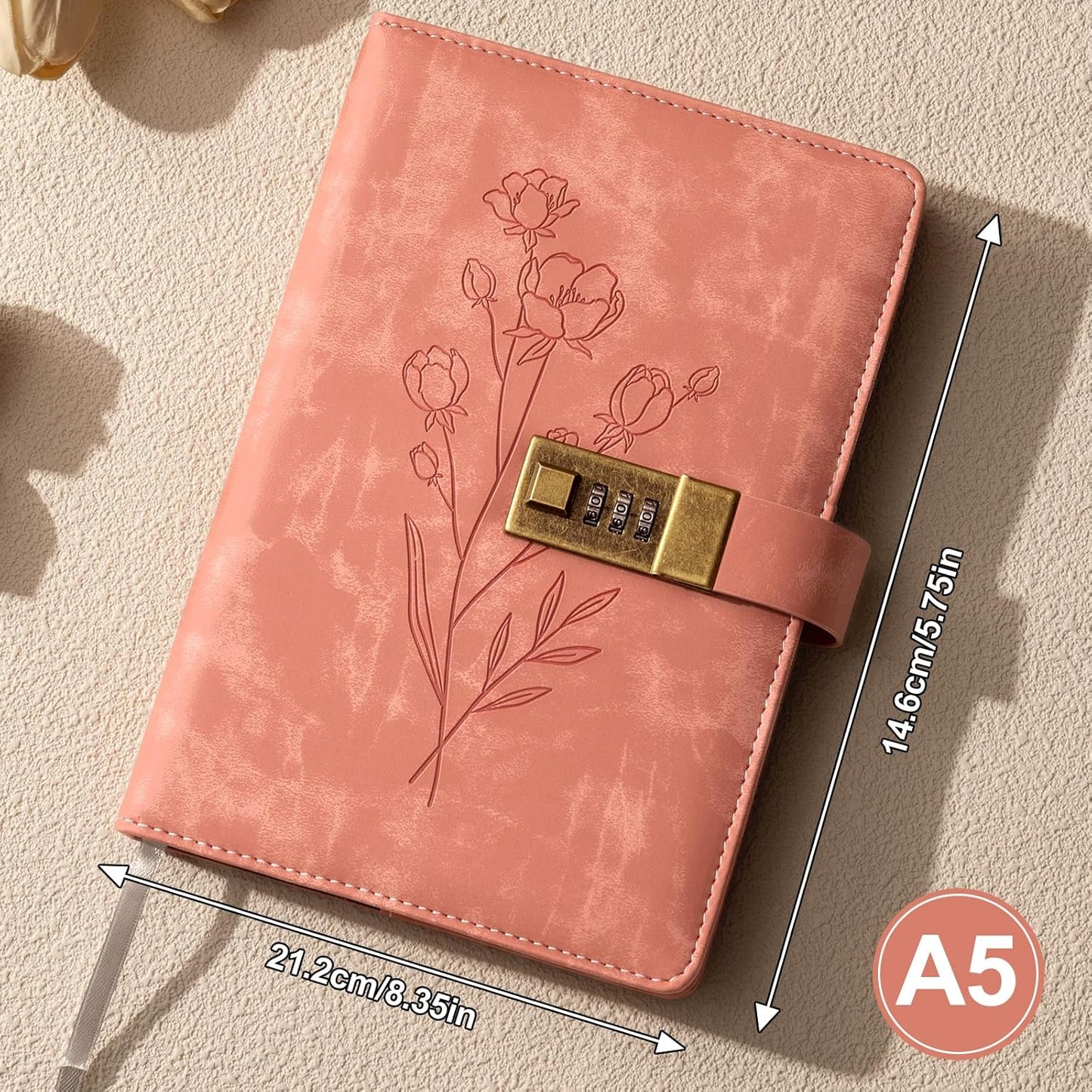 Lock Diary for Women Diary with Lock for Girls A5 Leather Locked Journal 260 Pages 100 GSM Refillable Journal with Lock for Teens Secrets Flower Journals with Combination Passwords, 5.7"x8.3", Pink