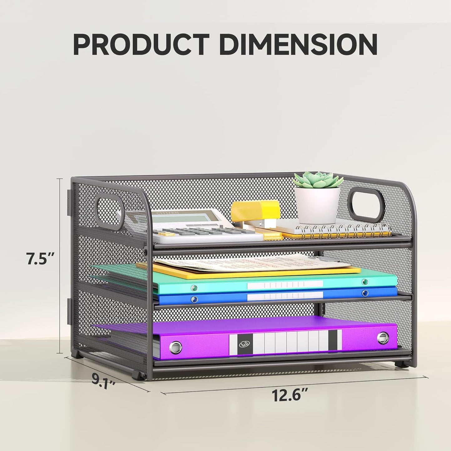 3 Tier Paper Organizer with Handle, Metal Desk Organizer Mesh Paper Letter Tray Desktop File Folder Document Sorter for Classroom, School, Office Accessories Organization and Storage - Grey