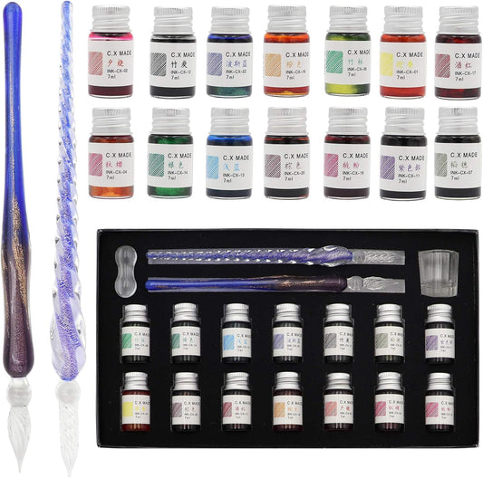 AXEARTE Glass Dip Calligraphy Pen Set, 18-Pieces 14 Color Inks, Pen Holder, Cleaning Cup, 2 Crystal Glass Pens for Art, Writing, Drawing, Signatures, Gift for Kids and Artist