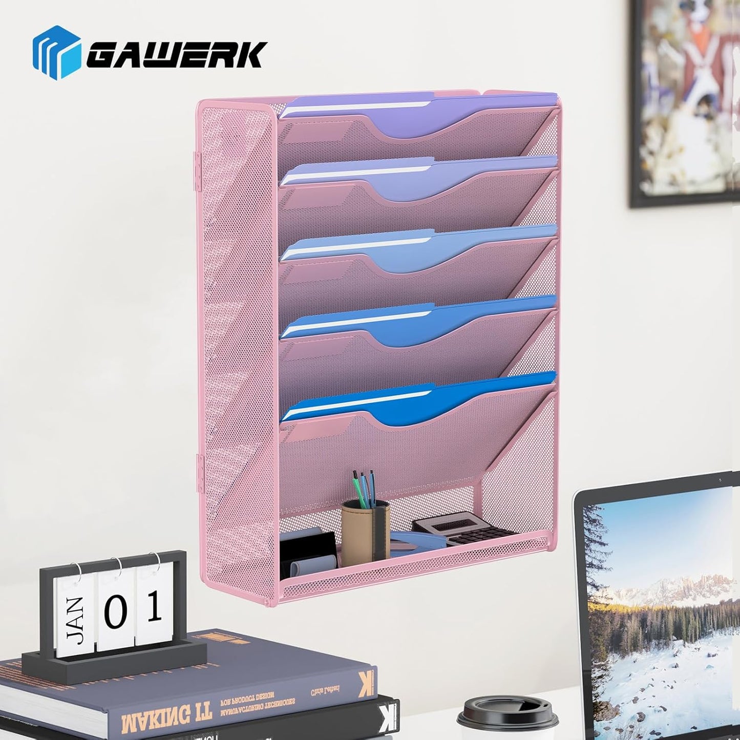 6 Tier Hanging File Organizer, Mesh Wall File Holder Paper Folder Rack with Bottom Flat Tray for Office Home, Pink