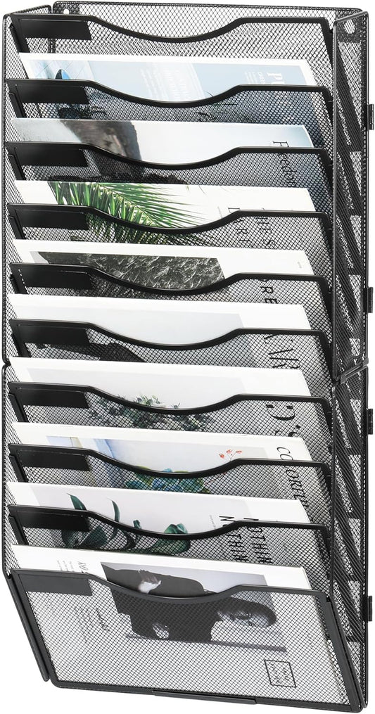 10-Pocket Wall File Organizer, Hanging Mail Organizer Wall Mounted Paper Document Holder, Metal Clipboard Storage Basket for Office Home School Organization, Black