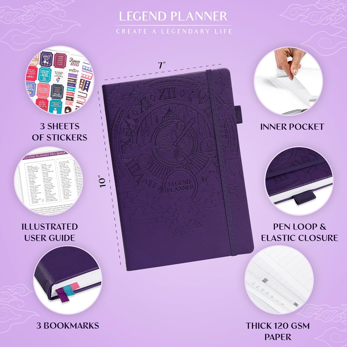 Legend Planner PRO – Deluxe Weekly & Monthly Life Planner to Increase Productivity and Hit Your Goals. Time Management Organizer Notebook – Undated – 7 x 10" Hardcover + Stickers – Dark Purple