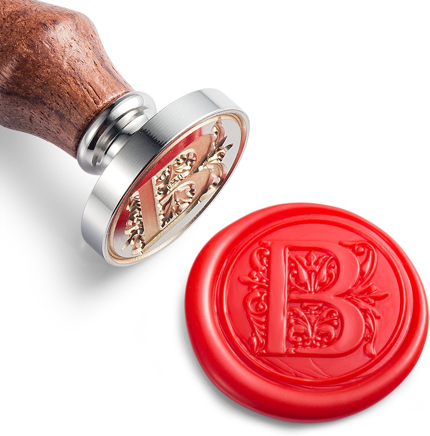 Mceal Wax Seal Stamp, Large Seal 1 1/5"(30mm) Dia, Silver Brass Head with Wooden Handle, Regal Letter A to Z Series (Letter B)