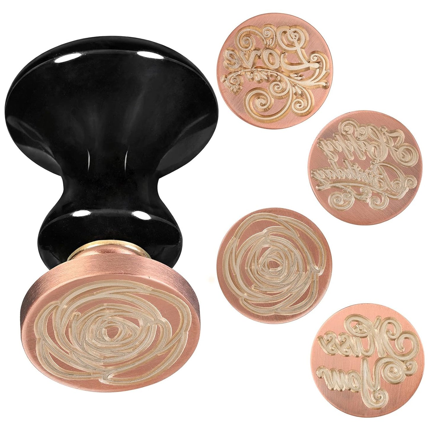 rockcloud Wax Seal Stamp Set, 4 Pieces Sealing Wax Stamps Copper Seals with 1 Black Obsidian Seal Handle for Cards Envelopes Invitation Decoration, Love Expressiont with Rose