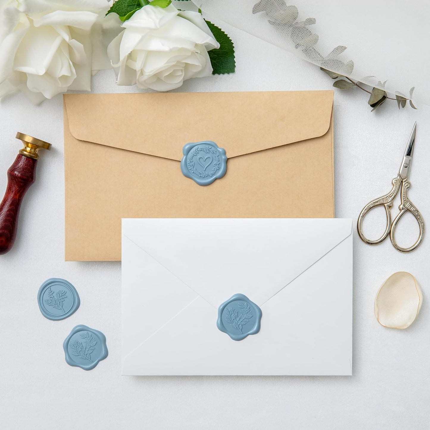60 Pcs Dusty Blue Wax Seal Stickers Self-Adhesive Envelope Seals Stamp Stickers, Perfect for Wedding Invitations Seating Chart Christmas Gift Wrapping 3 Designs in 1 Pack